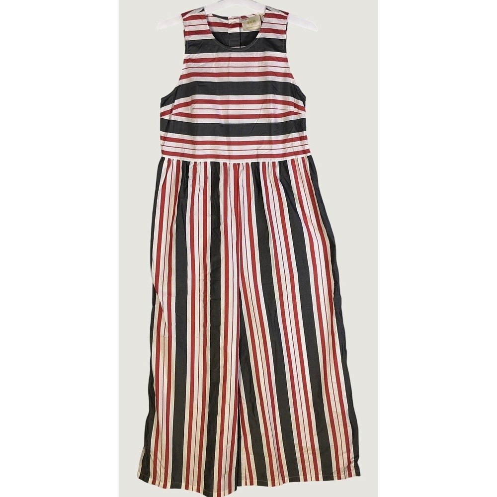 Maeve Anthropologie Striped Organic Cotton Wide Leg Jumpsuit Womens M Red Black